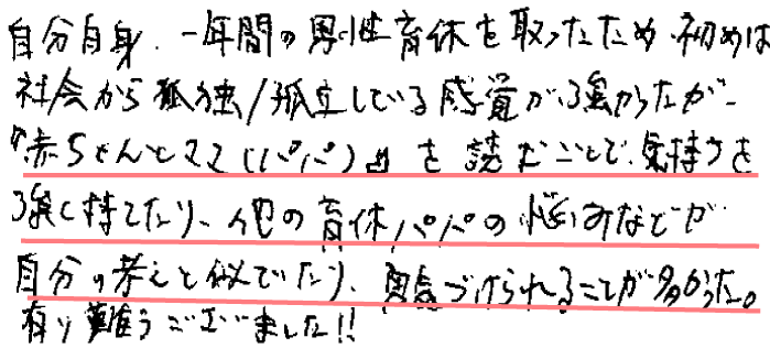 自分自身、一年間の男性育休を取ったため、初めは社会から孤独/孤立している感覚が強かったが、『赤ちゃんとママ（パパ）』を読むことで、気持ちを強く持てたり、他の育休パパの悩みなどが自分の考えと似ていたり、勇気づけられることが多かった。有難うございました!!