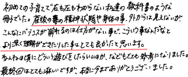 初めての子育てで右も左もわからない私達の教科書のような冊子でした。産後の妻の精神状態や身体の事、外からは見えないが、こんなにバランスが崩れるのは仕方がない事で、こういう事なんだなとより深く理解ができたりした事はとても良かったと思います。
ねんねの頃にどういう遊びをしたらいいのか、などもとても参考になりました。最終回はとても淋しいですが、本当に今までありがとうございました。