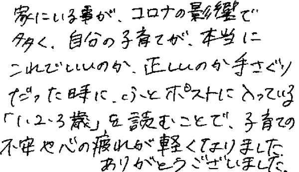 家にいる事が、コロナの影響で多く、自分の子育てが、本当にこれでいいのか、正しいのか手さぐりだった時に、ふとポストに入っている「１・２・３歳」を読むことで、子育ての不安や心の疲れが軽くなりました。ありがとうございました。