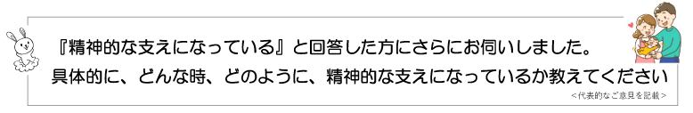 『精神的な支えになっている』と回答した方にさらにお伺いしました。具体的に、どんな時、どのように、精神的な支えになっているか教えてください